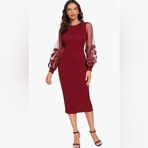 SHEIN: Midi Mesh Sleeve Pencil Dress-Maroon